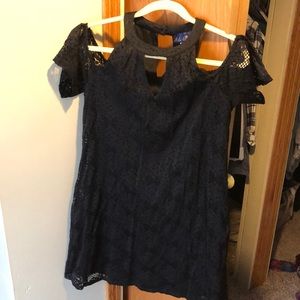 Black off the shoulder lace dress.